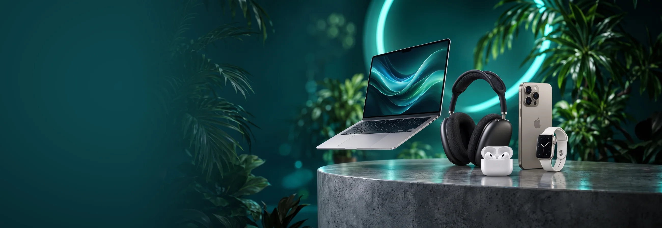 Laptop, headphones, smartphone, smartwatch and earbuds on a concrete podium